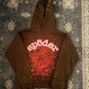 Brown sp5der hoodie pink sp5der logo